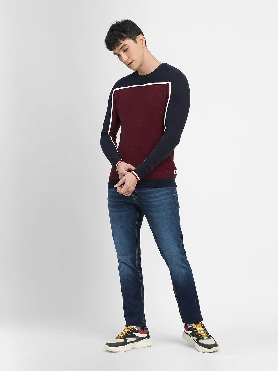 Dark Red Colourblocked Cotton Pullover - Image 6