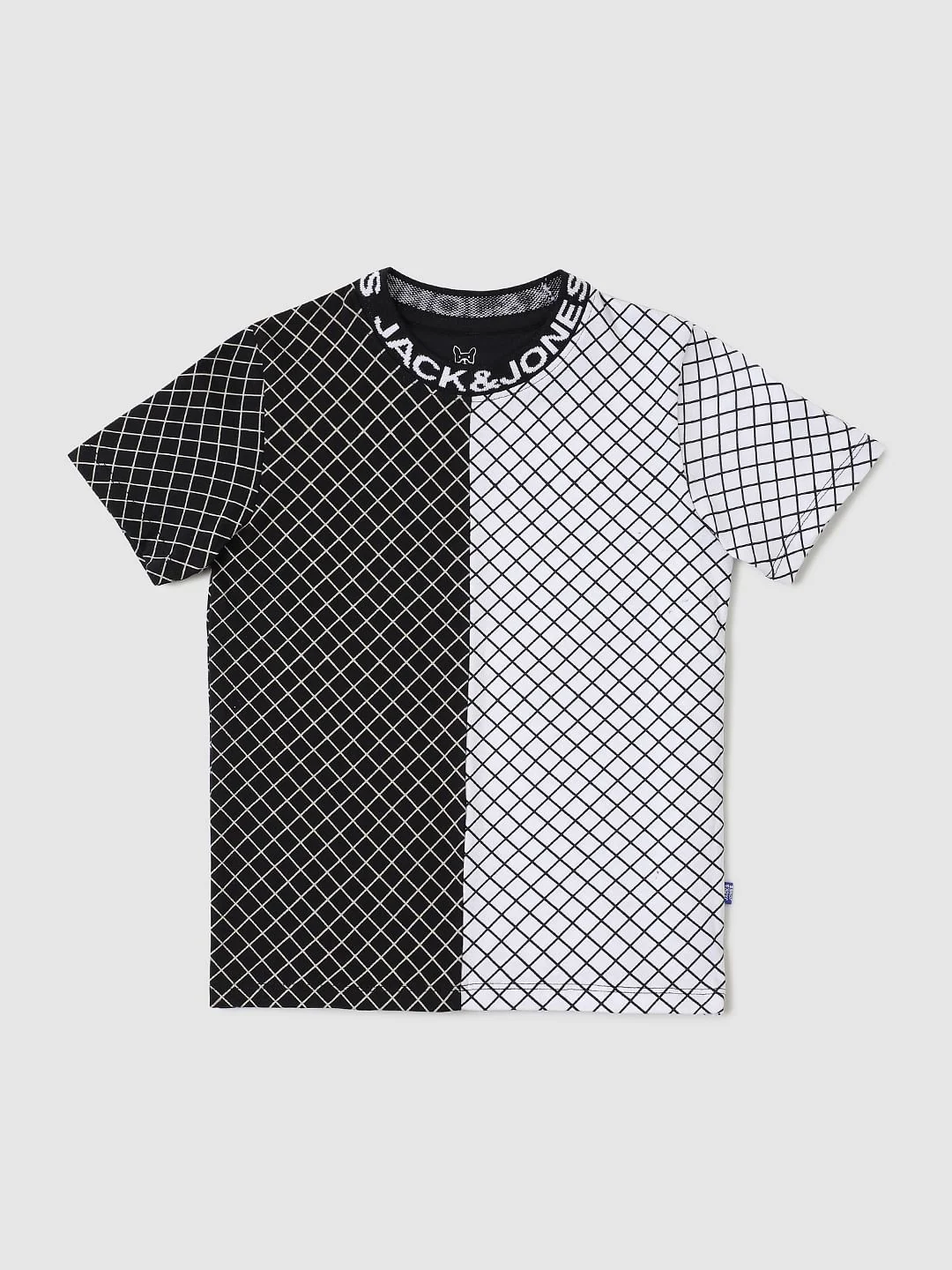 Boys Black & White Check Crew Neck T-shirt