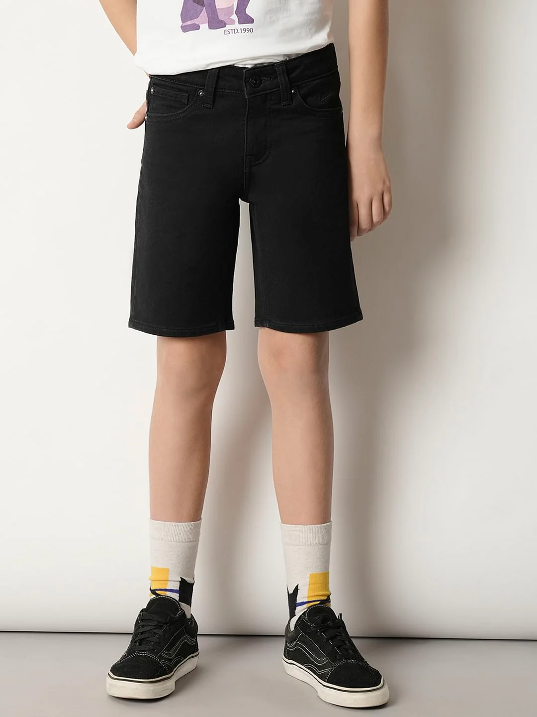 Boys Black Cotton Denim Shorts - Image 2