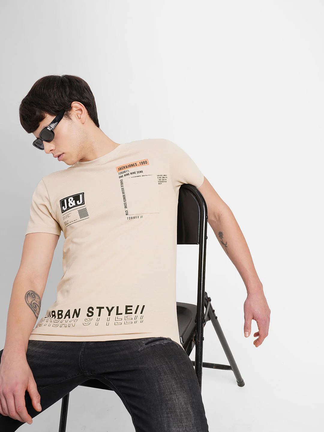 Beige Logo Print Crew Neck T-shirt