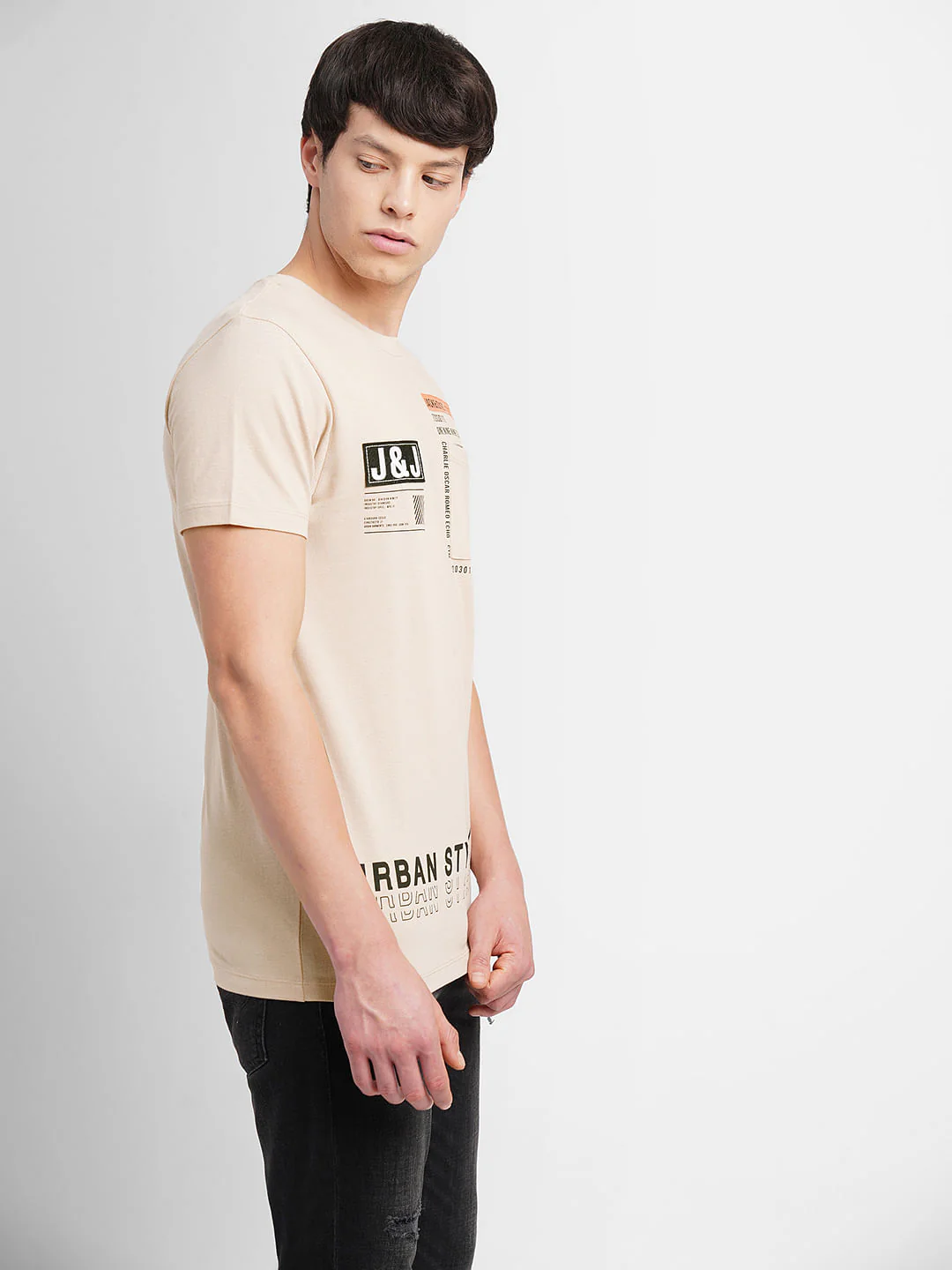 Beige Logo Print Crew Neck T-shirt - Image 3
