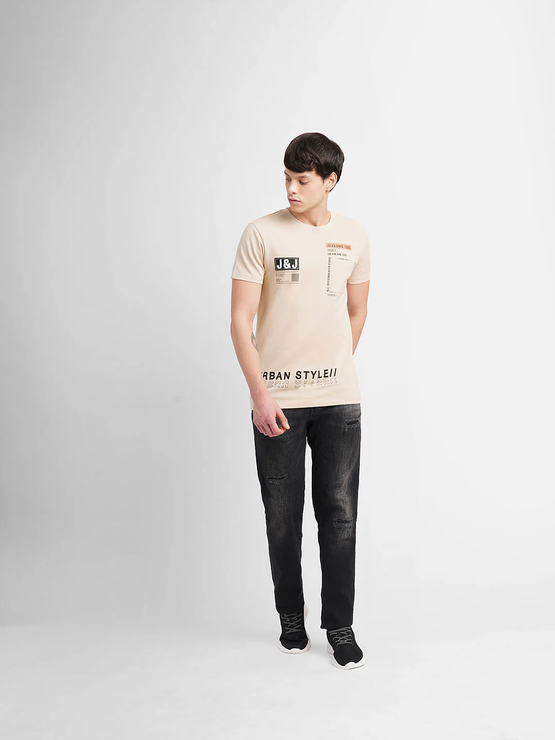 Beige Logo Print Crew Neck T-shirt - Image 6