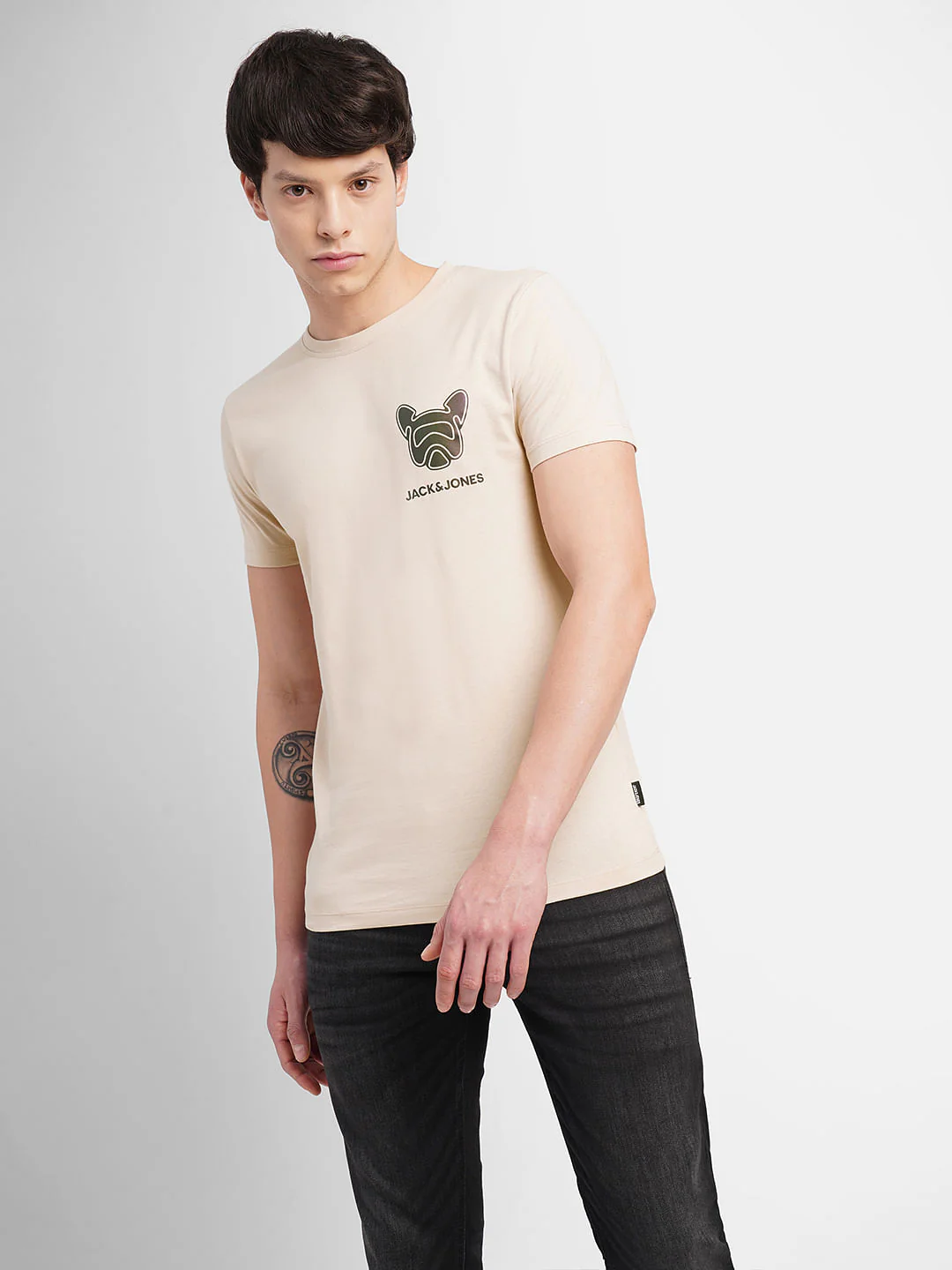 Beige Logo Print Crew Neck T-shirt - Image 2