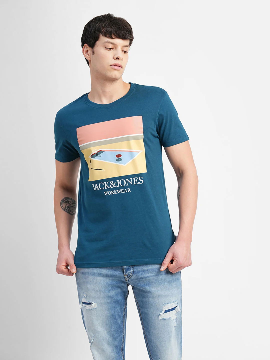 Blue Graphic Print Crew Neck T-shirt - Image 2