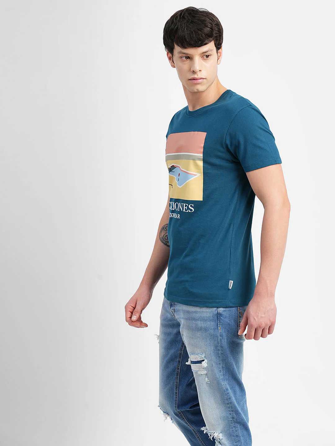 Blue Graphic Print Crew Neck T-shirt - Image 3