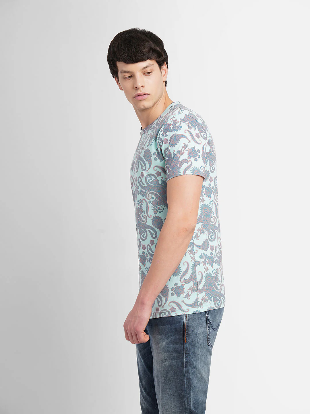 Turquoise Abstract Print Crew Neck T-shirt - Image 3
