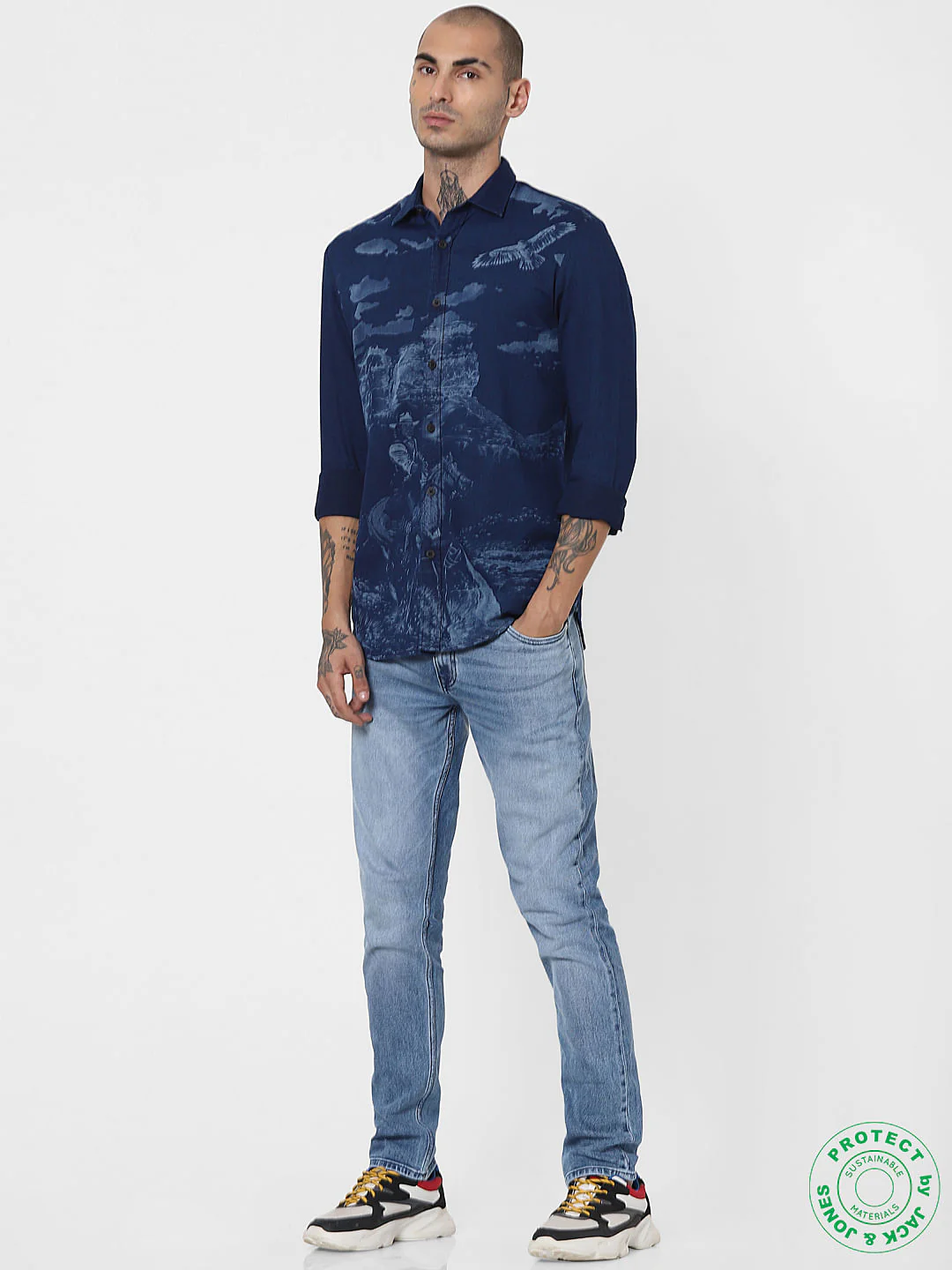 Blue Denim Printed Full Sleeves Shirt - Image 6