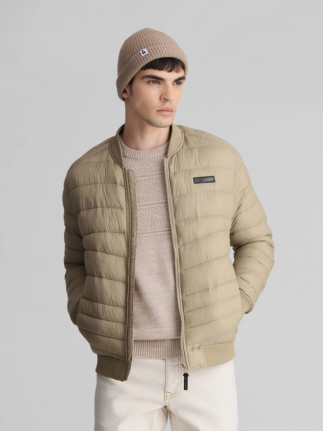 Beige Quilted Bomber Jacket