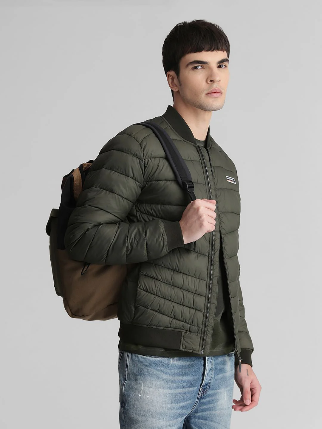 Dark Green Quilted Bomber Jacket