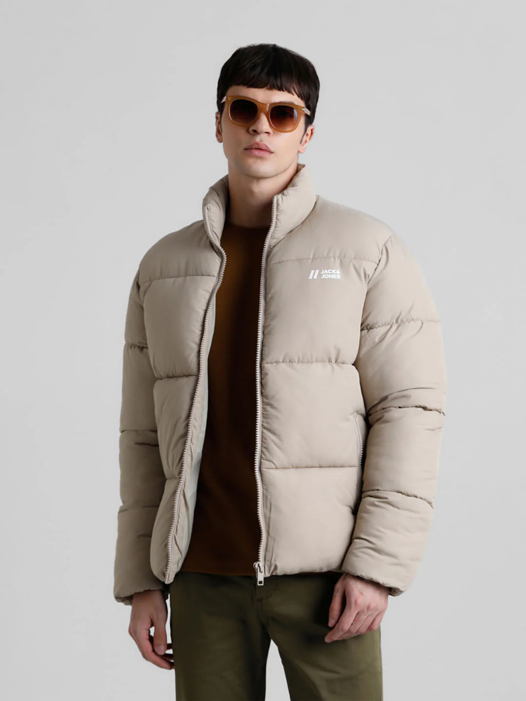 Beige High Neck Puffer Jacket