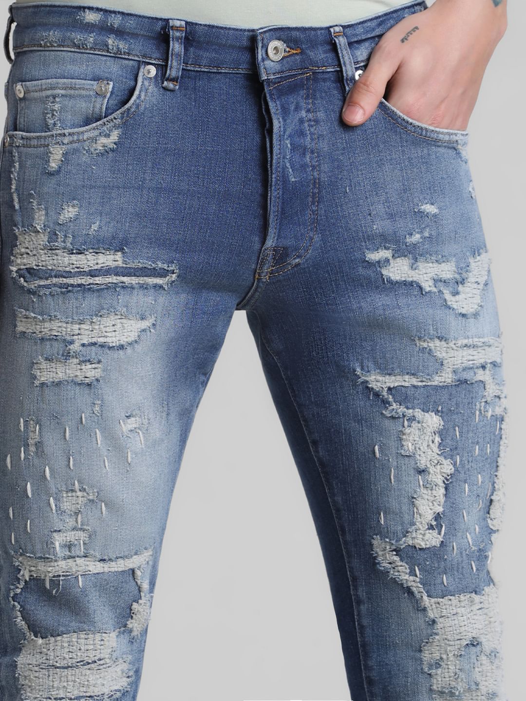 Dark Blue Distressed Glenn Slim Fit Jeans - Image 4