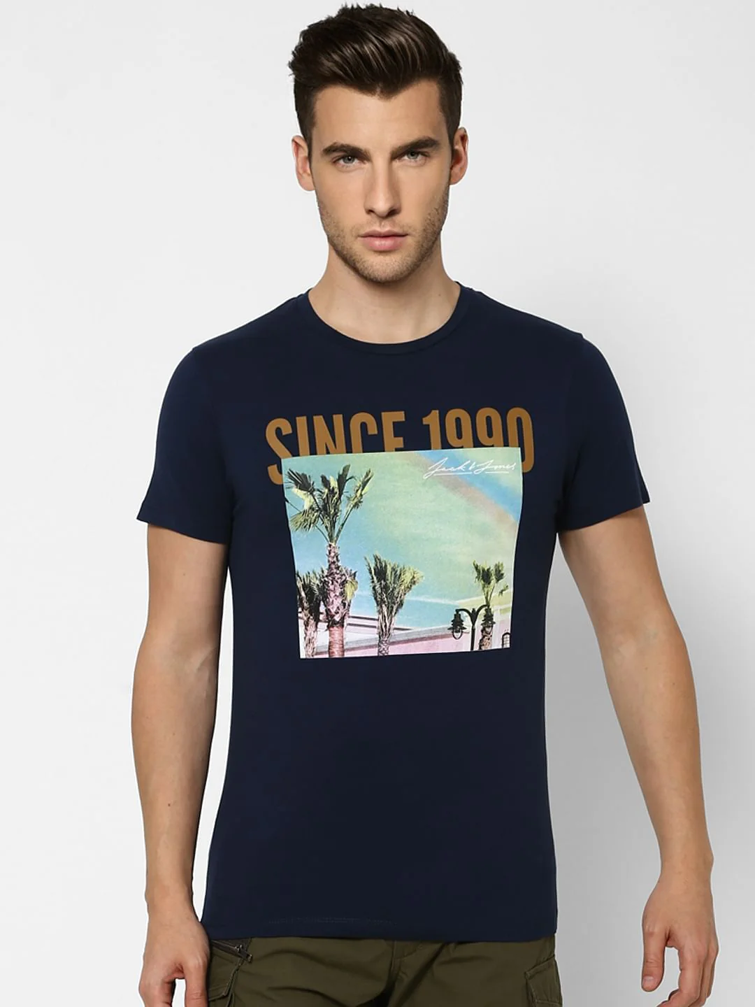 Navy Blue Graphic Print Crew Neck T-shirt - Image 2