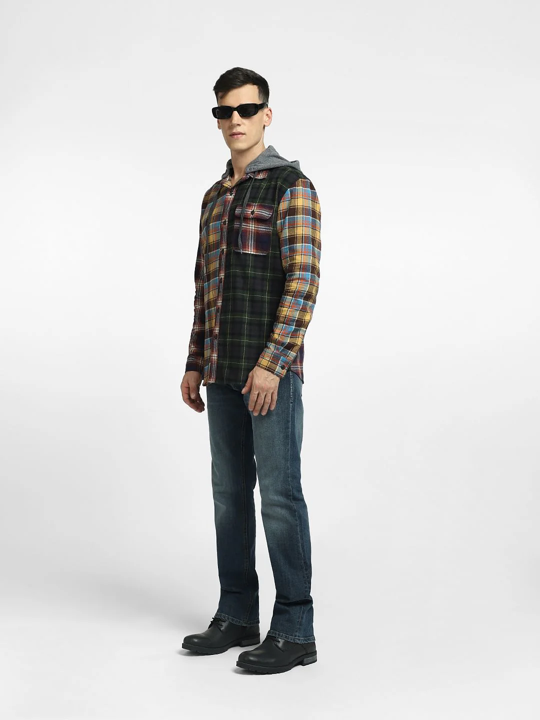 Brown Check Oversized Hooded Shirt