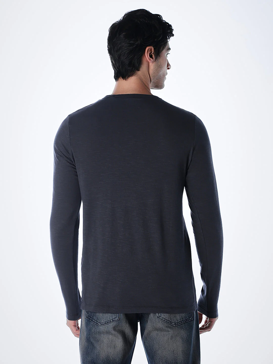 Split Neck Cotton T-shirt - Black - Image 4