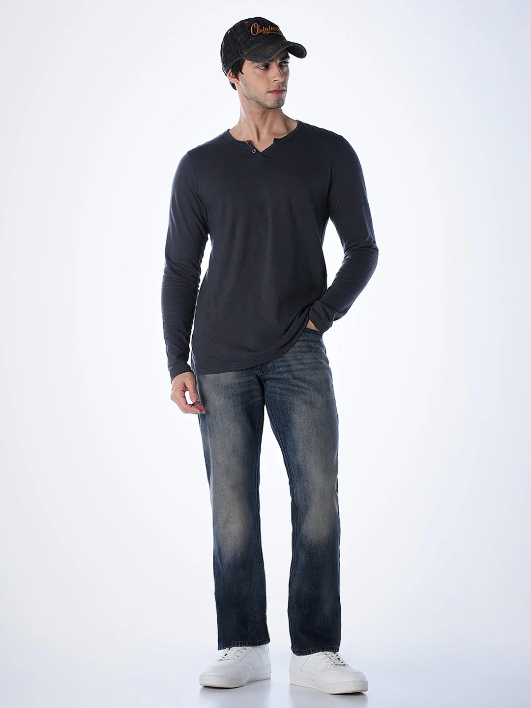 Split Neck Cotton T-shirt - Black - Image 6