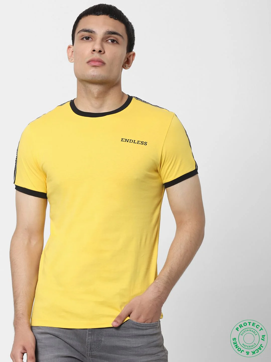 Yellow Tape Detail Crew Neck T-shirt - Image 2
