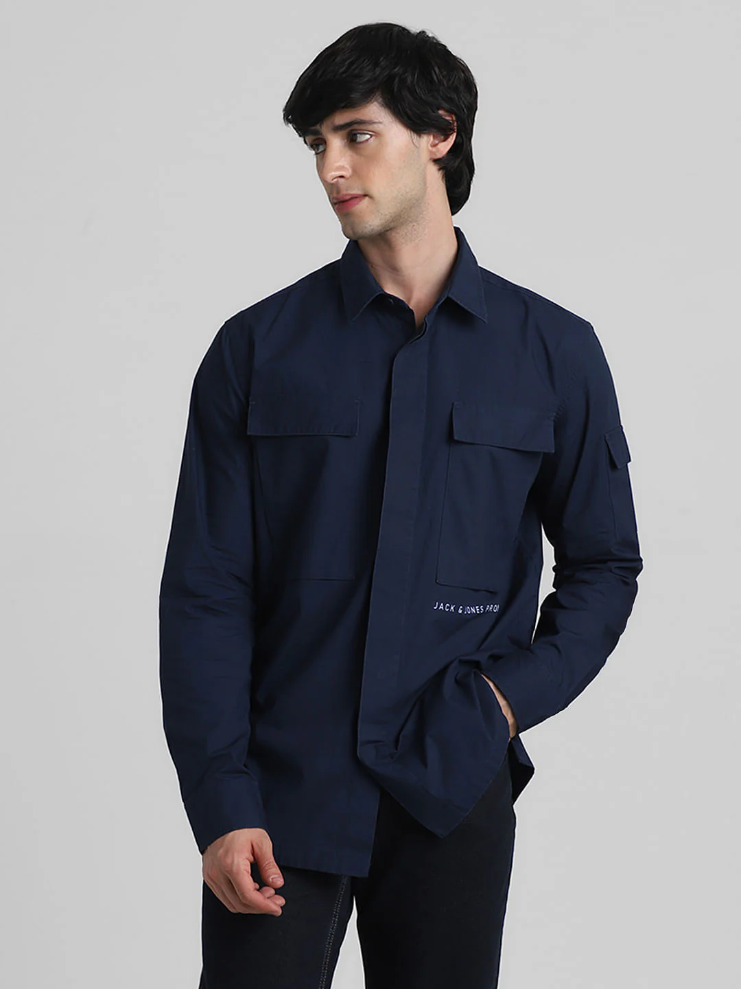 Navy Blue Oversized Pocket Full Sleeves Shirt - Image 2