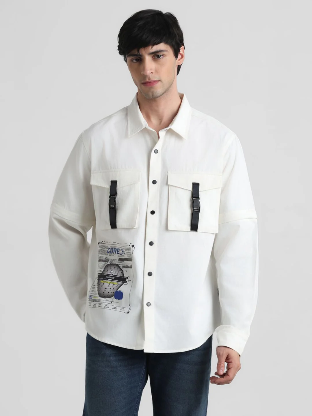 White Placement Print Oversized Shirt
