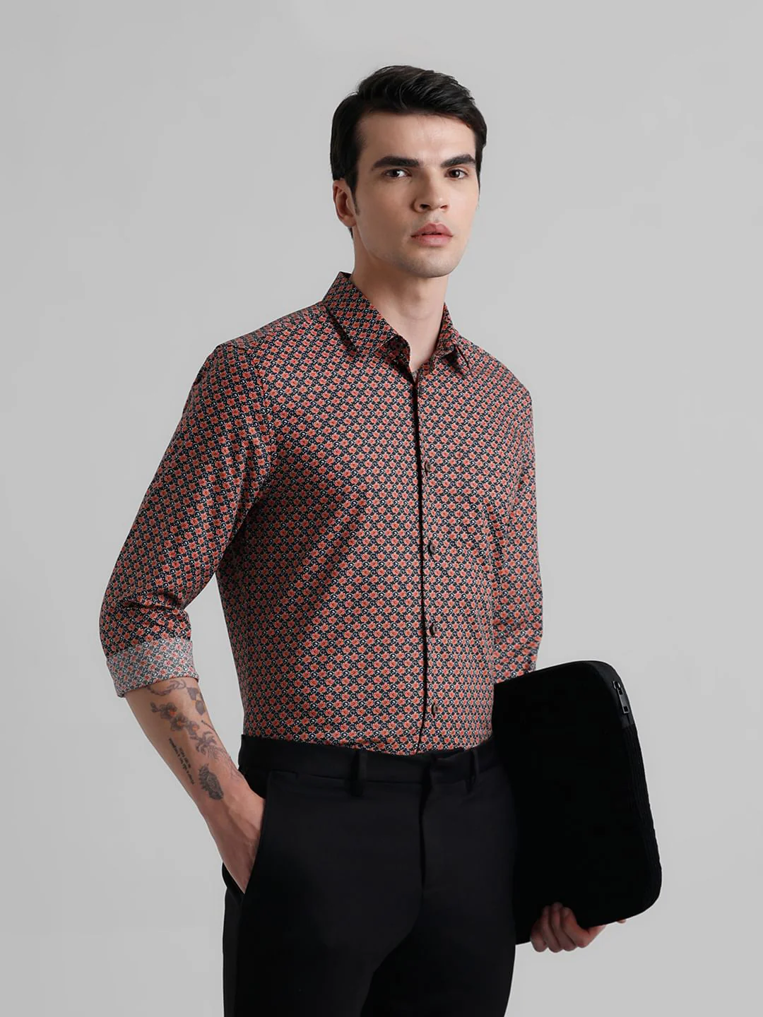 Black Floral Print Short Sleeves Shirt