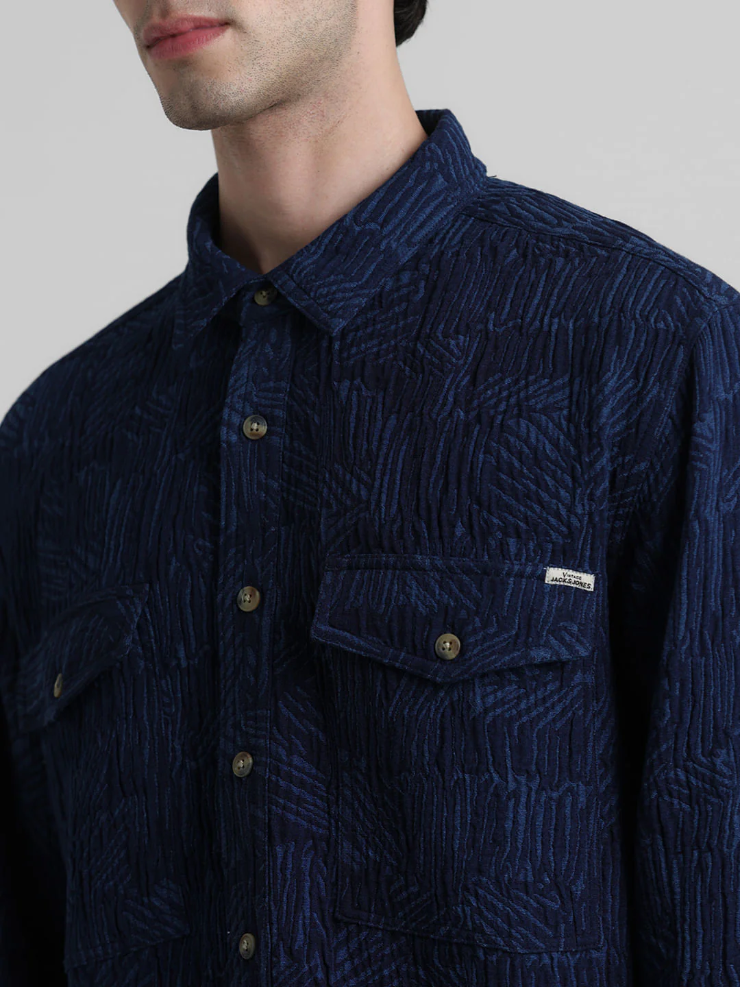 Dark Blue Indigo Dyed Jacquard Oversized Shirt - Image 5