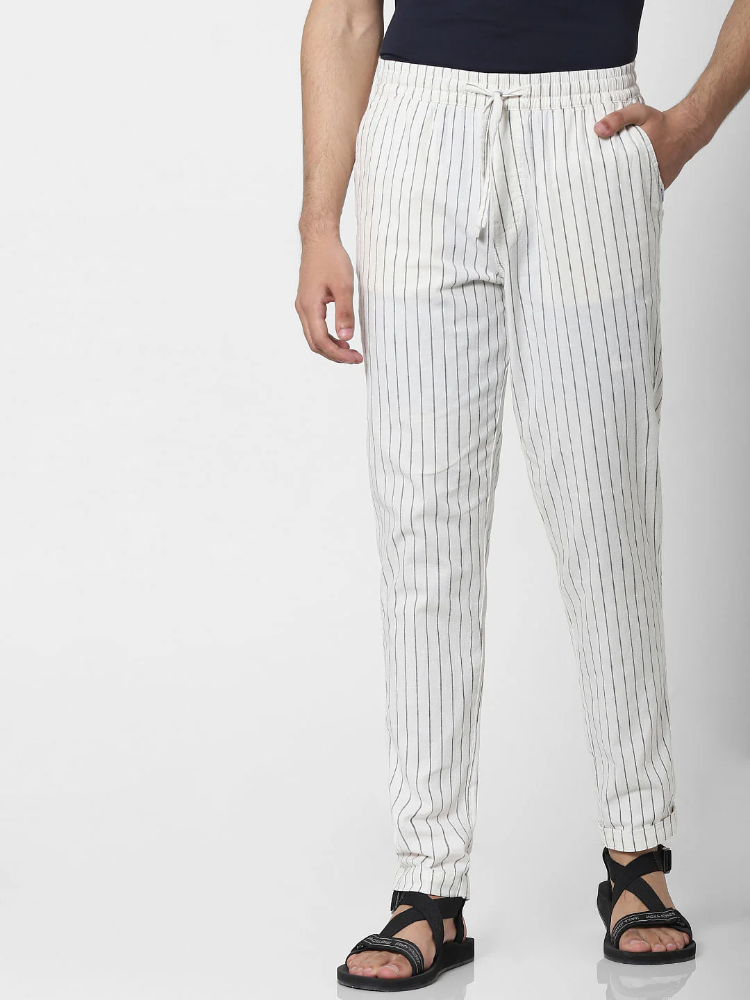 Beige Mid Rise Striped Regular Fit Pants - Image 2