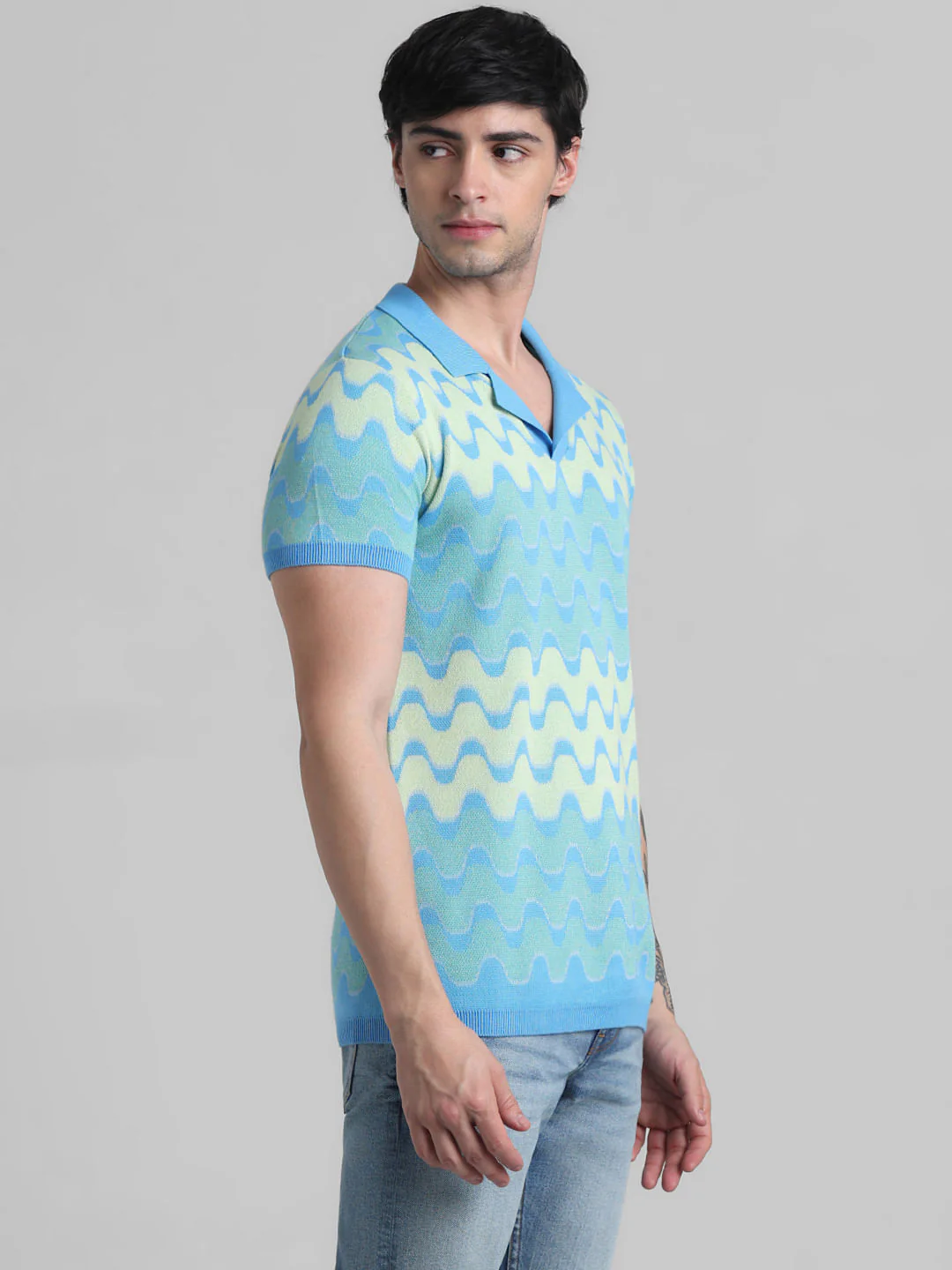 Blue Printed Knitted Polo - Image 3