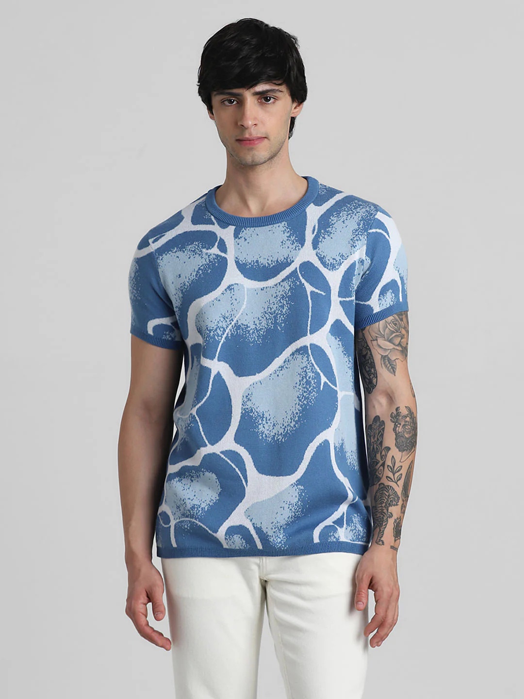 Blue Printed Crew Neck T-shirt - Image 2