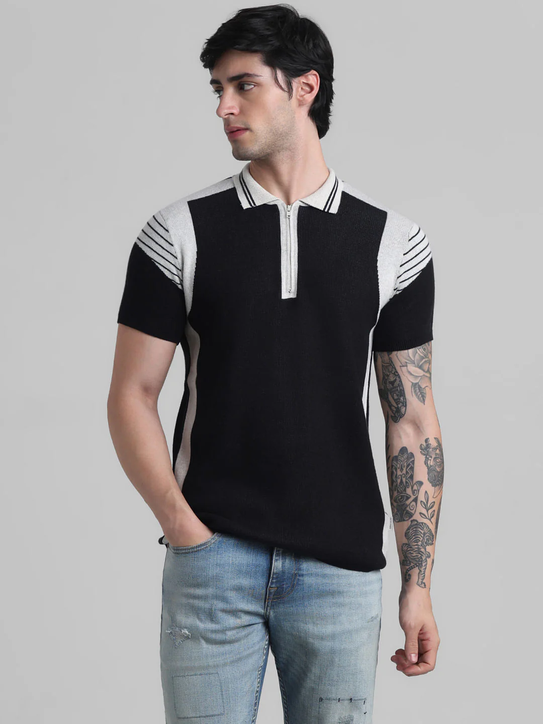 Black Colourblocked Knitted Polo - Image 2