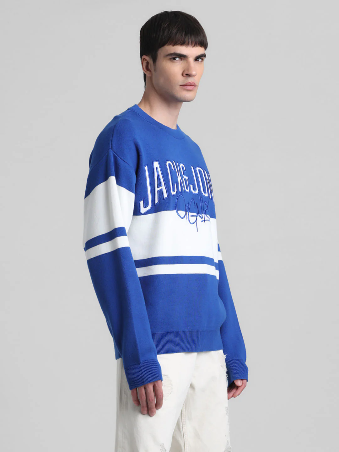 Blue Colourblocked Oversized Pullover - Image 3