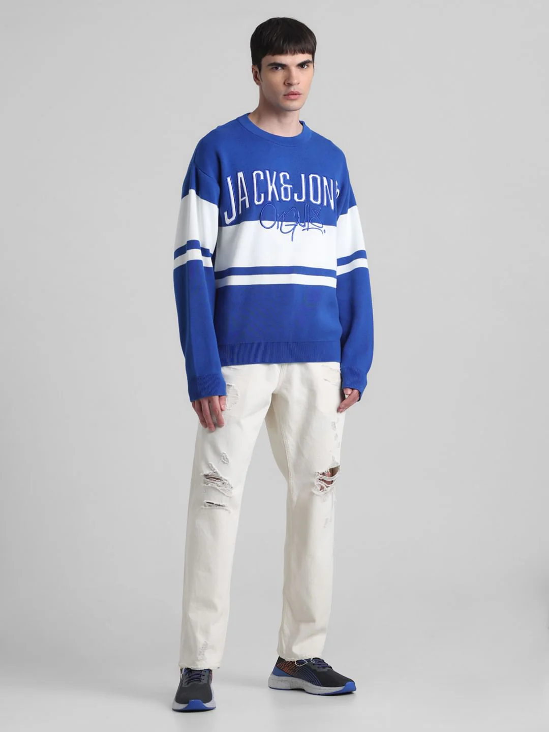 Blue Colourblocked Oversized Pullover - Image 6