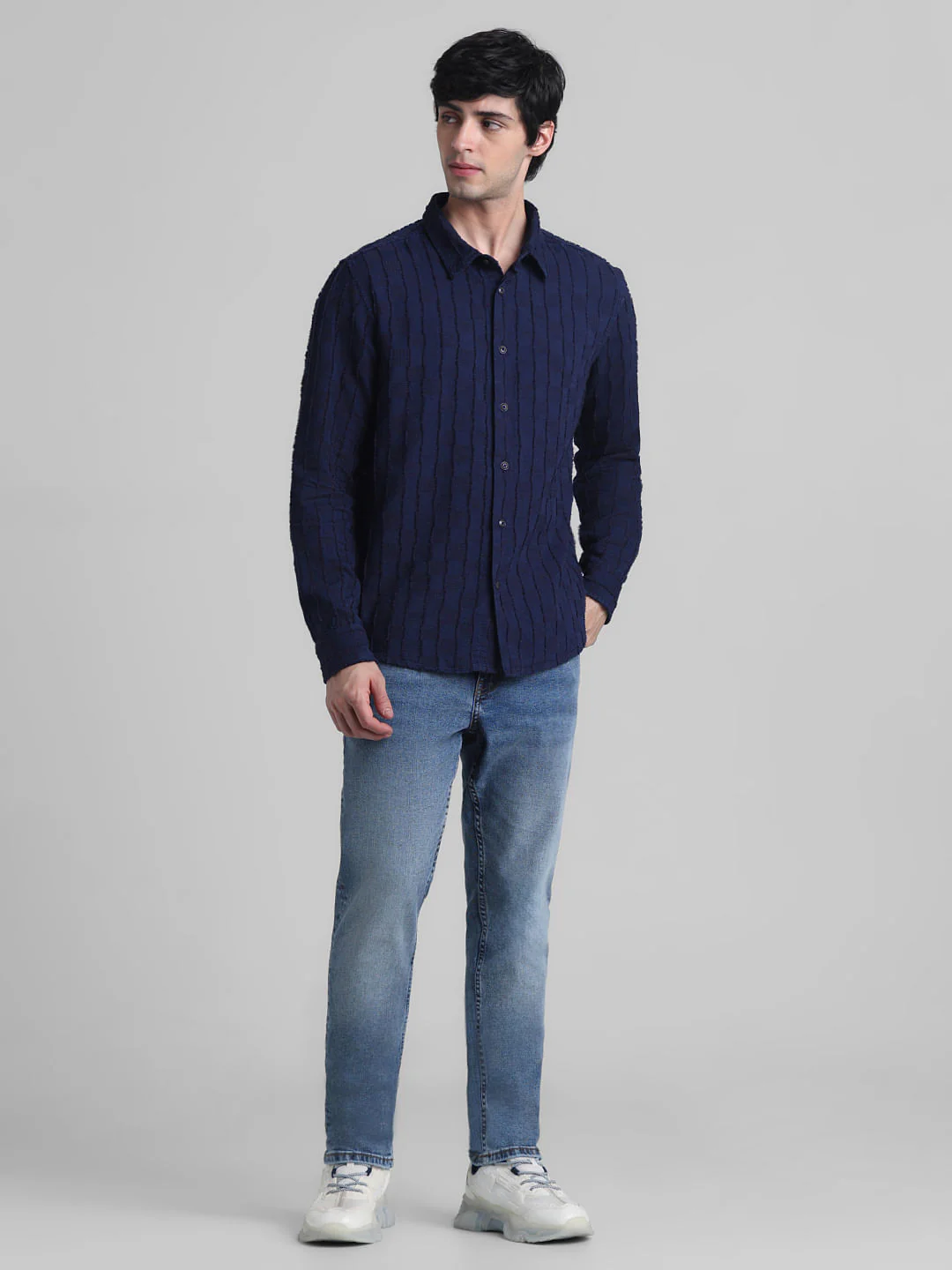 Dark Blue Jacquard Oversized Shirt - Image 6
