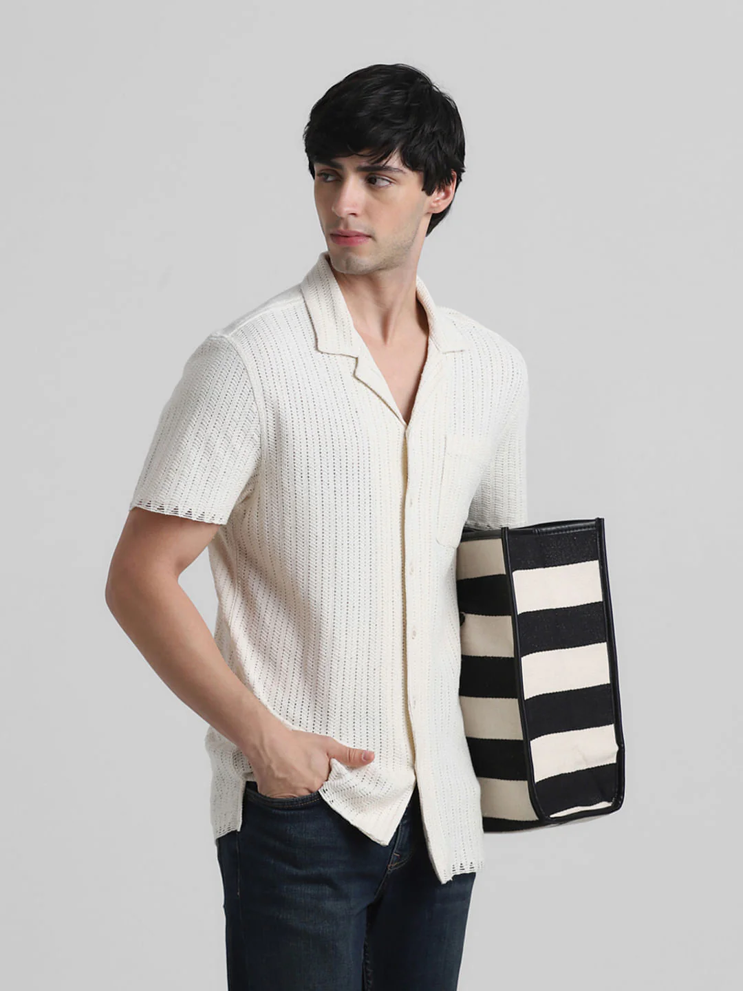 Beige Striped Short Sleeves Shirt