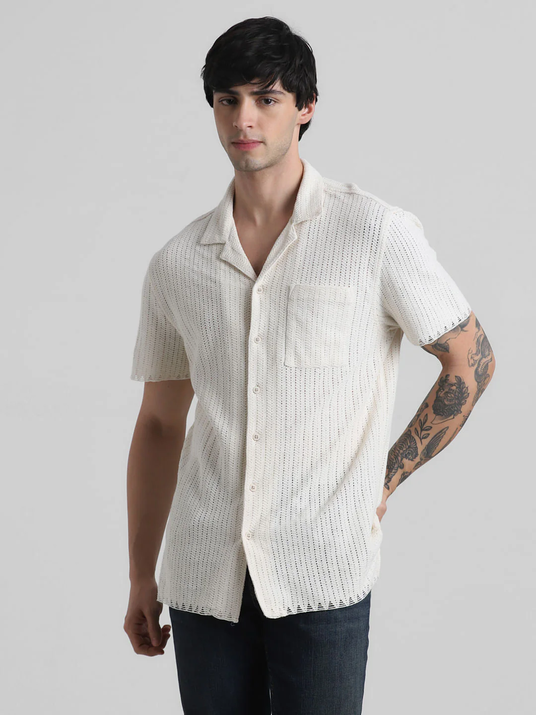 Beige Striped Short Sleeves Shirt - Image 2