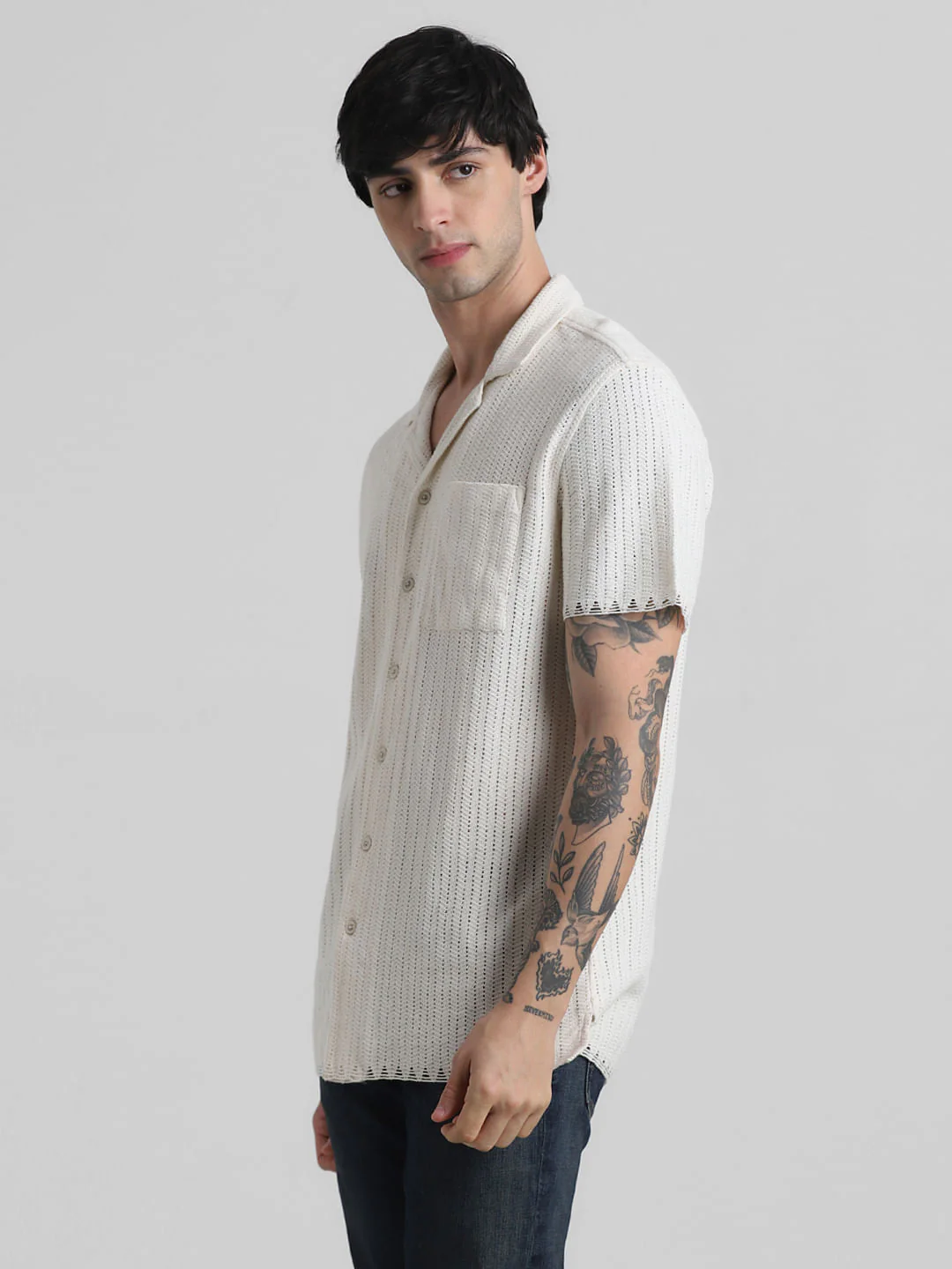 Beige Striped Short Sleeves Shirt - Image 3