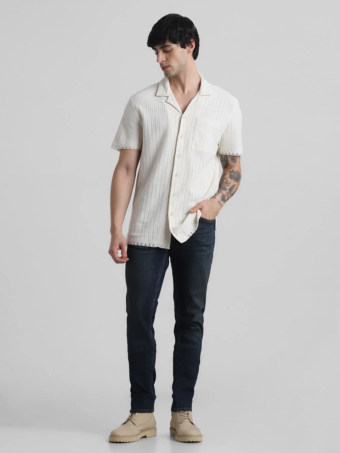 Beige Striped Short Sleeves Shirt - Image 6