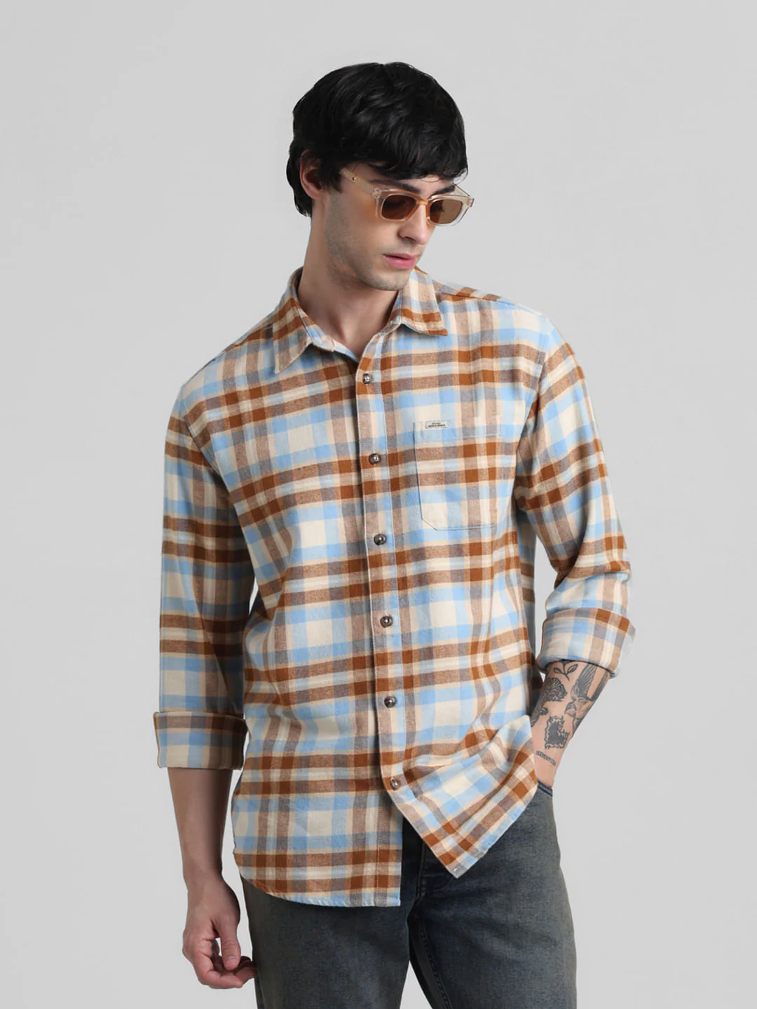 Beige Check Print Full Sleeves Shirt
