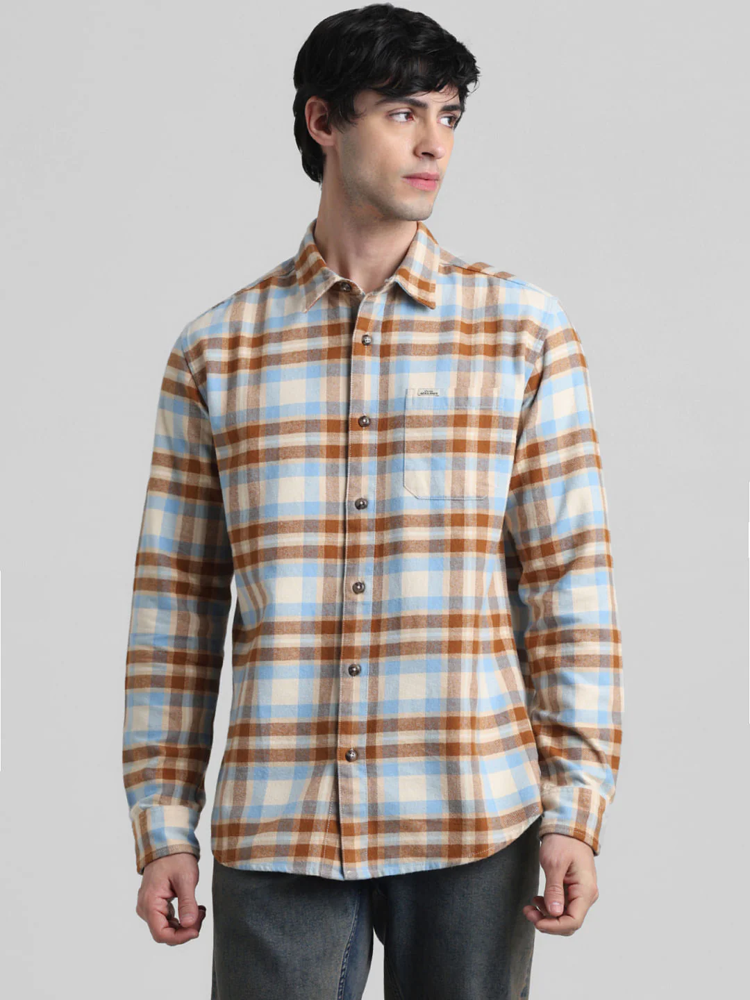 Beige Check Print Full Sleeves Shirt - Image 2