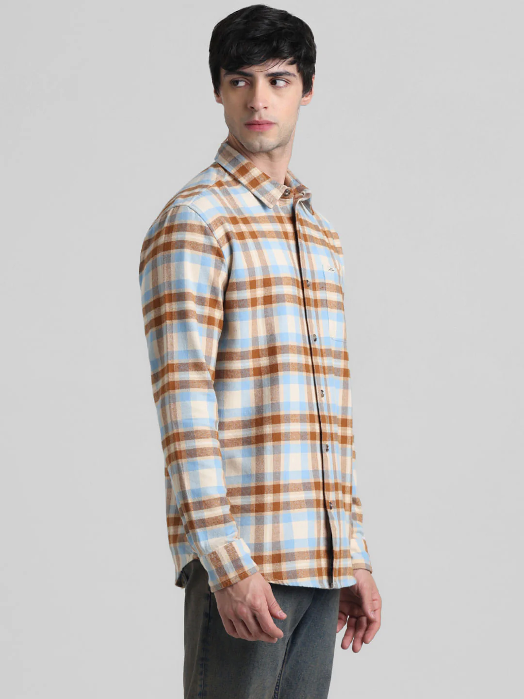 Beige Check Print Full Sleeves Shirt - Image 3