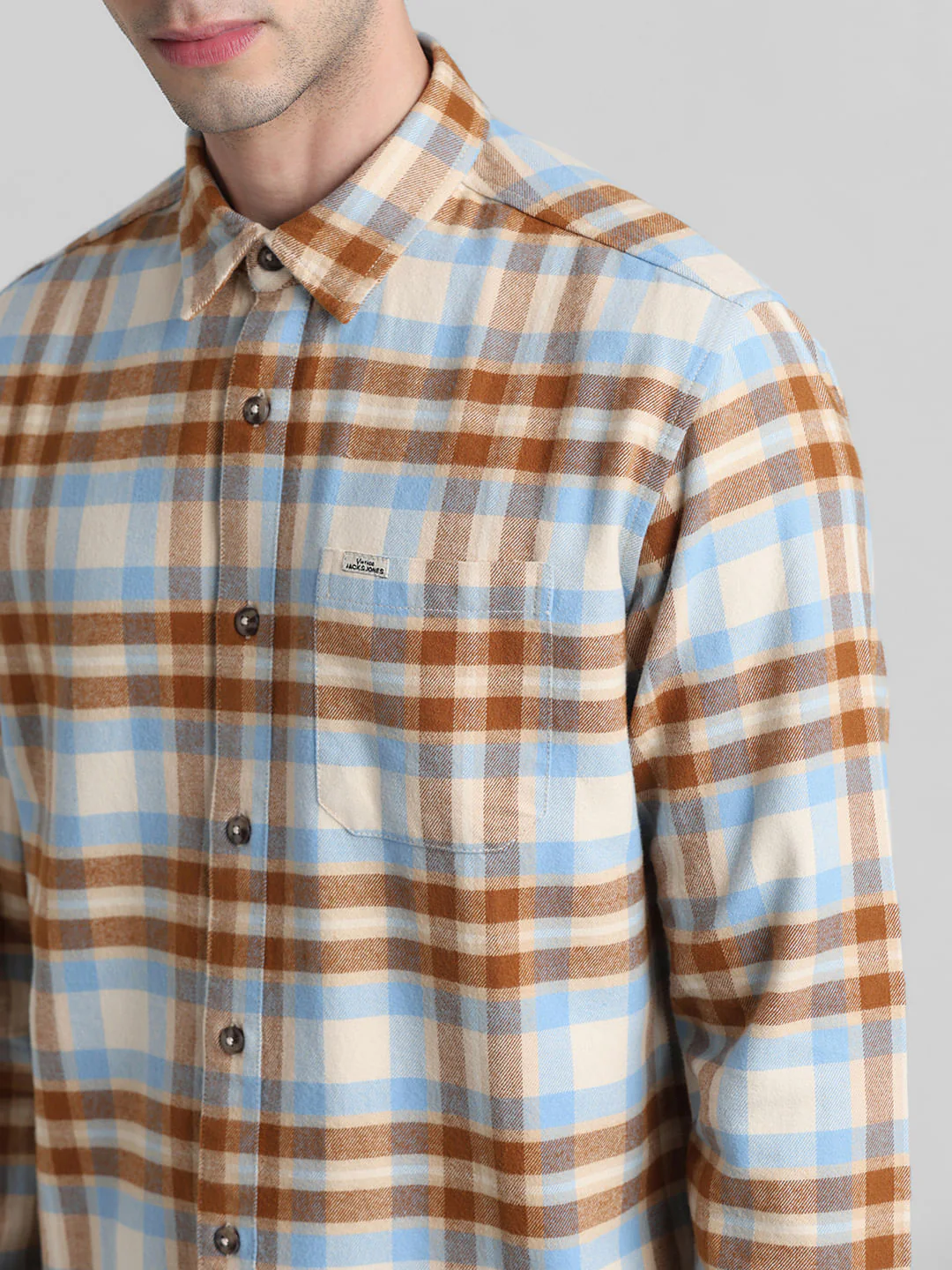 Beige Check Print Full Sleeves Shirt - Image 5