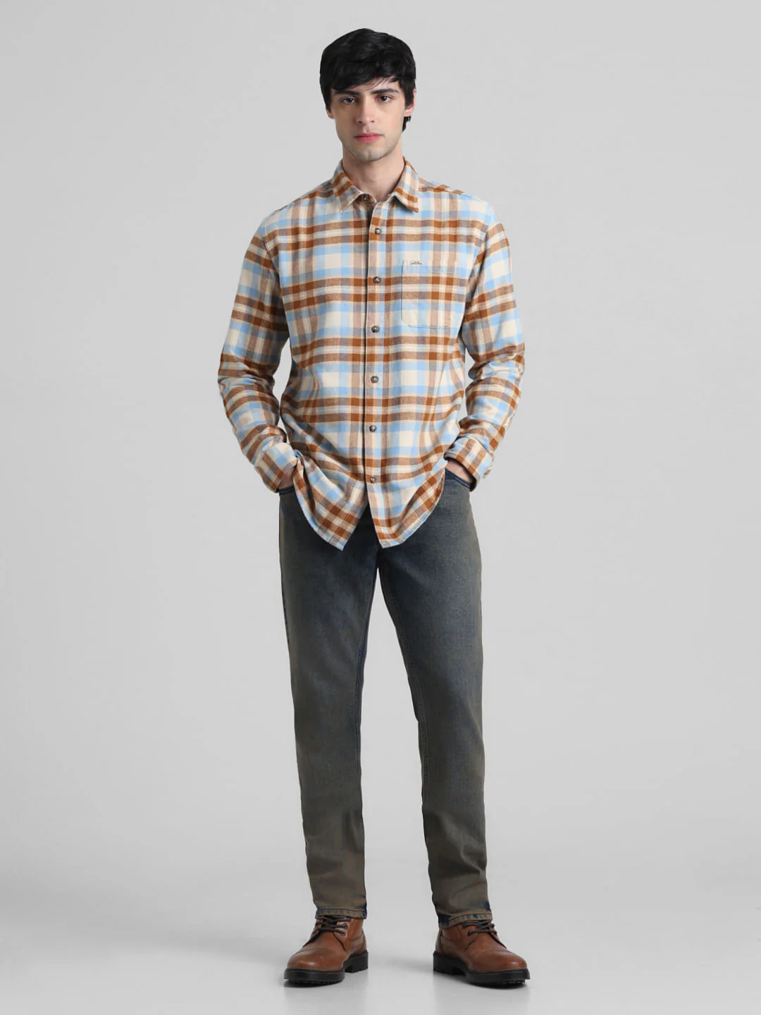 Beige Check Print Full Sleeves Shirt - Image 6