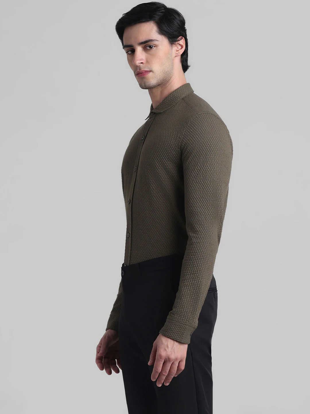 Olive Knitted Full Sleeves Shirt - Image 3
