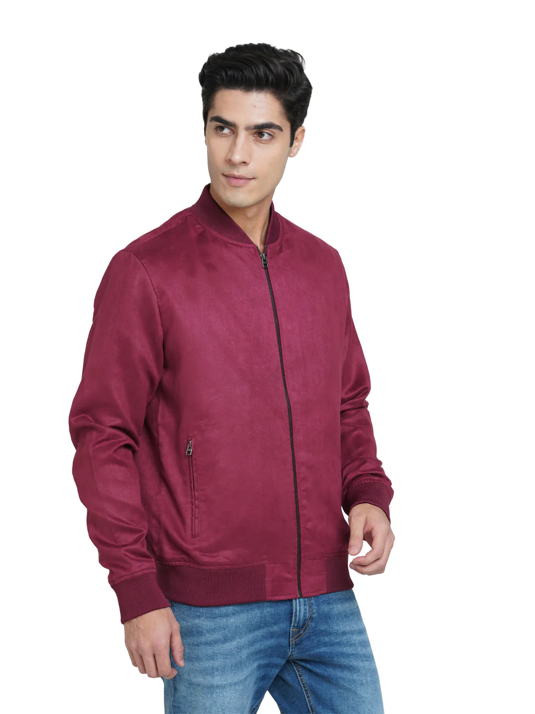 Wine Faux Suede Bomber Jacket