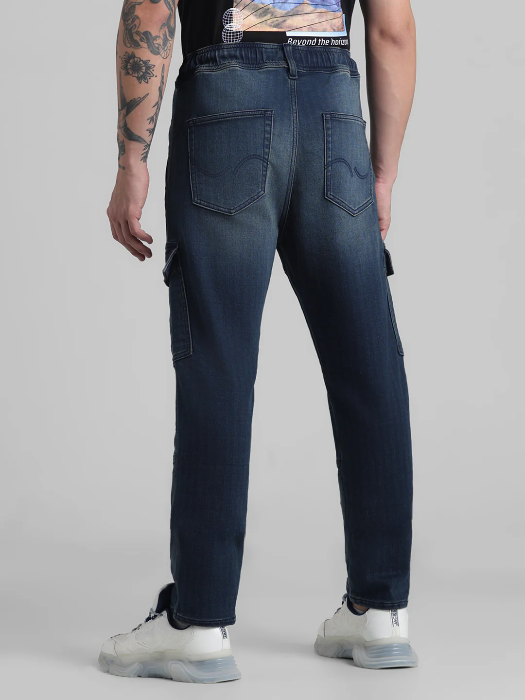 Men's Slim Fit Cargo Denim Joggers In Dark Blue - Image 3