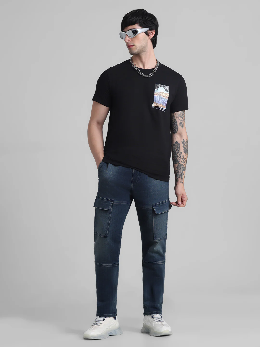 Men's Slim Fit Cargo Denim Joggers In Dark Blue - Image 5
