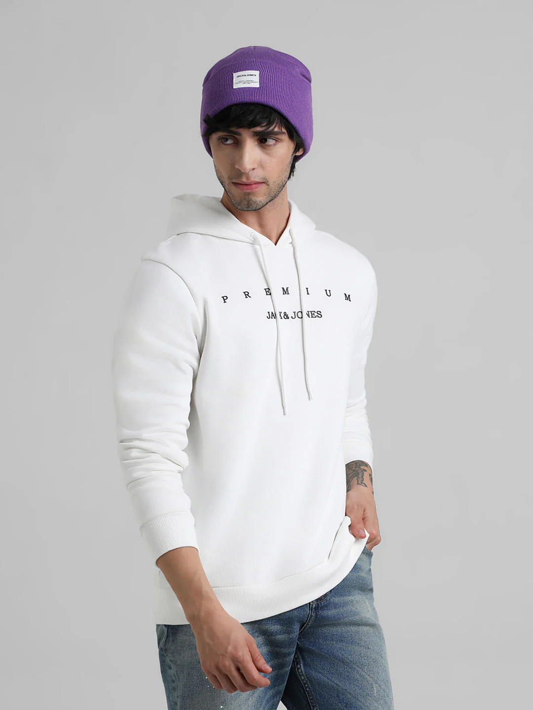 White Logo Print Hooded Sweatshirt