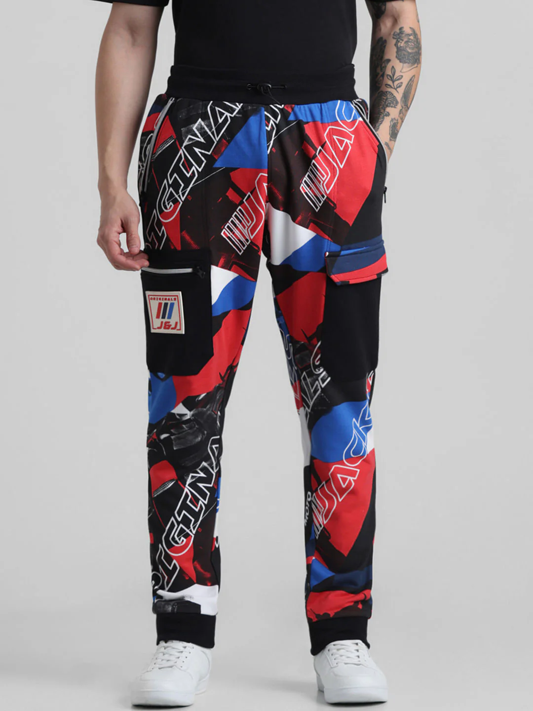 URBAN RACERS by Jack & Jones Black Mid Rise Printed Sweatpants