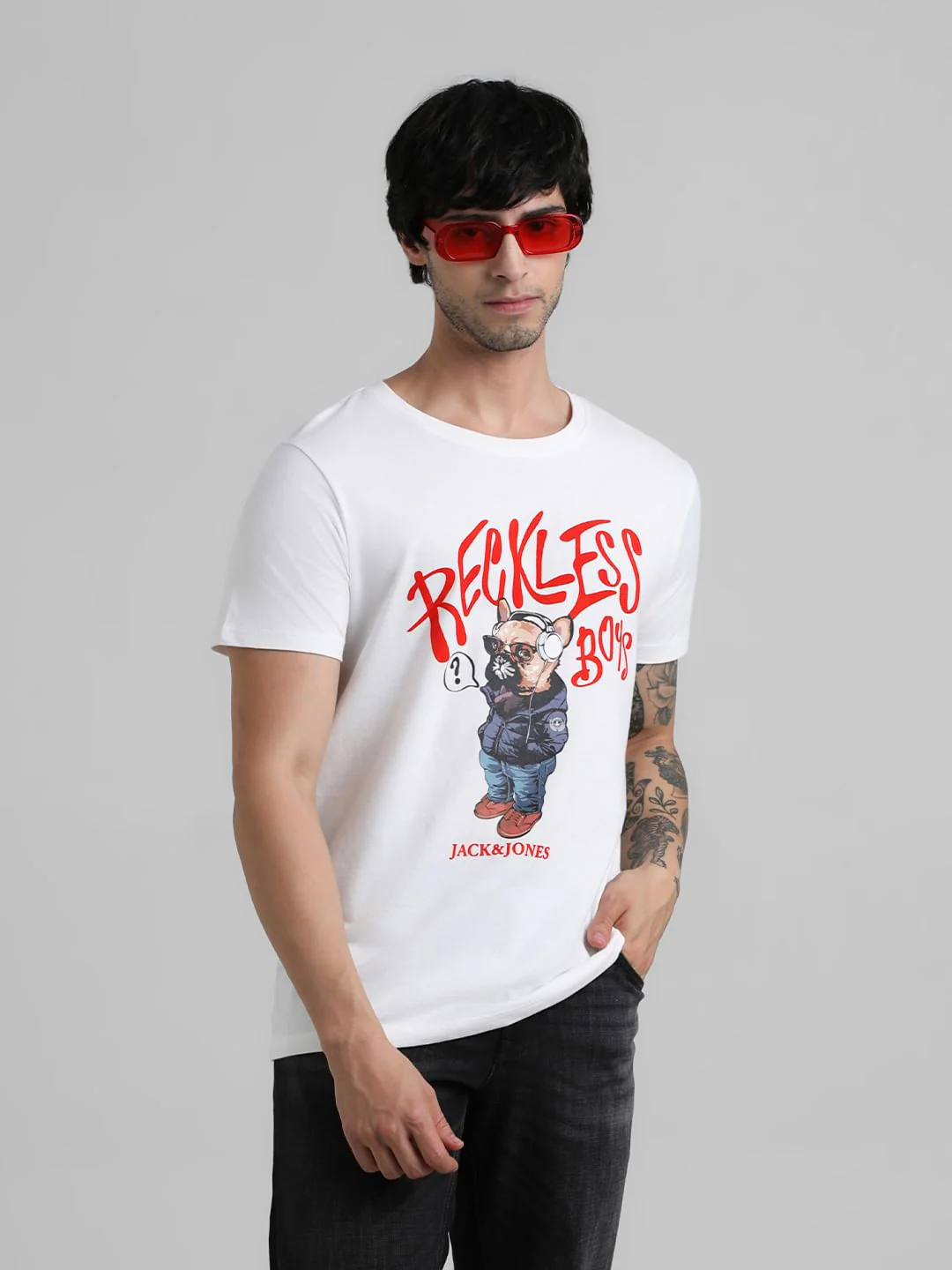 URBAN RACERS by JACK&JONES White Doggo Print Crew Neck T-shirt