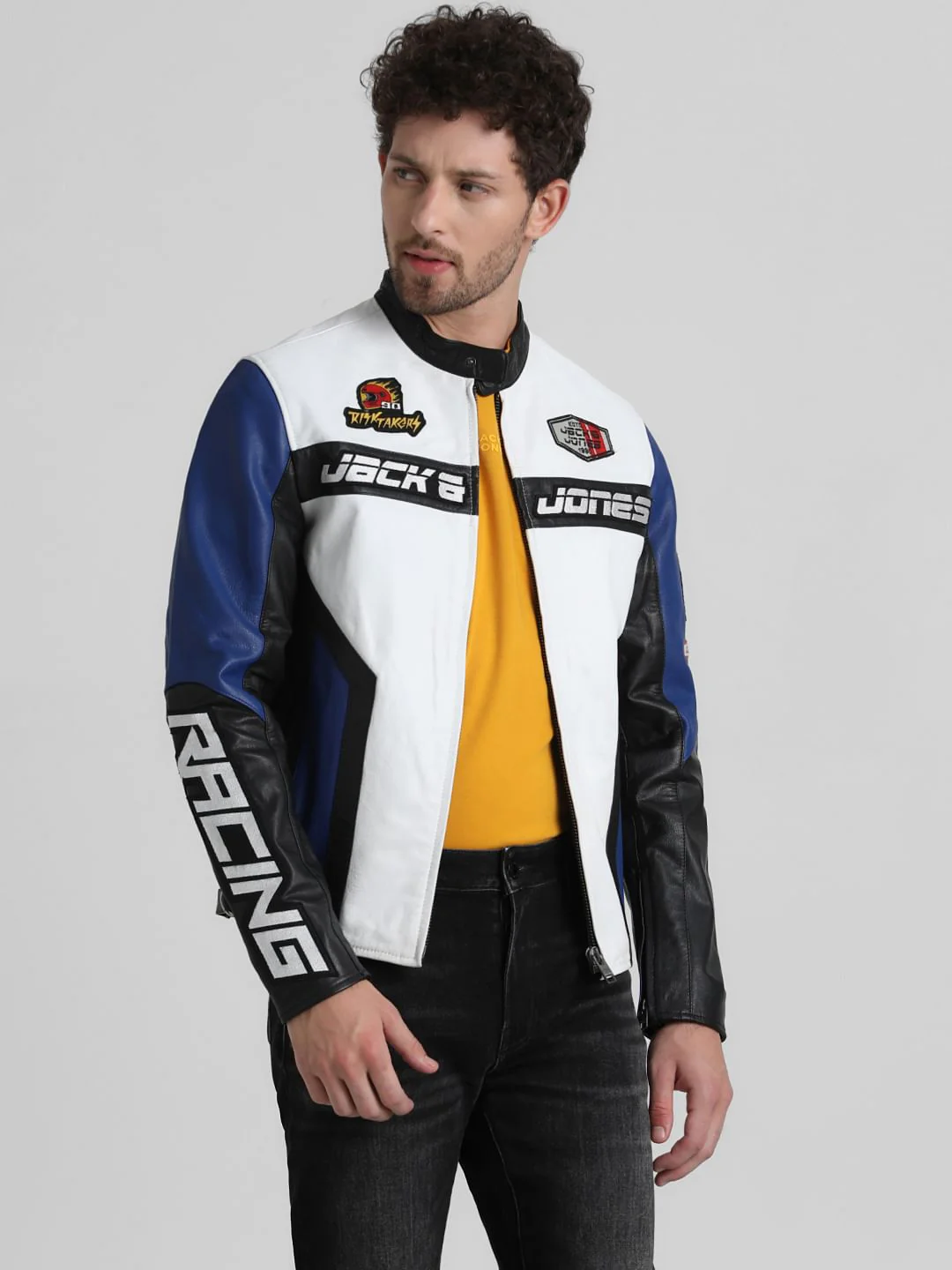 URBAN RACERS by JACK&JONES WHITE COLOURBLOCKED LEATHER JACKET - Image 2