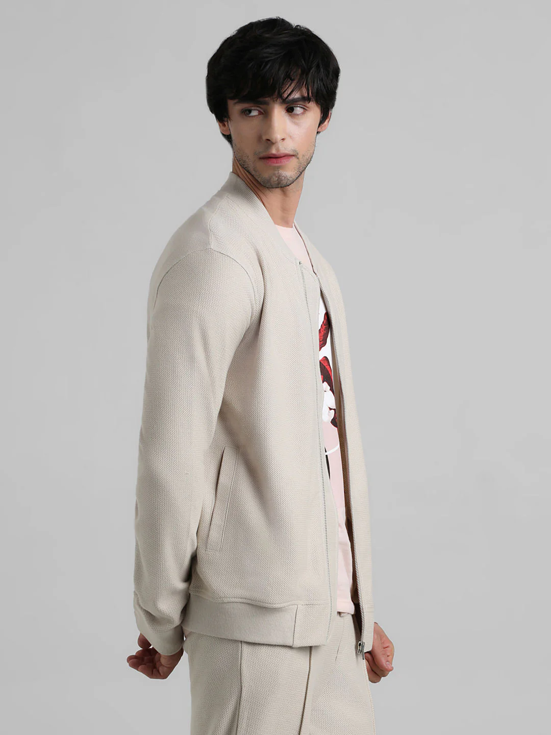 Beige Jacquard Knit Bomber Jacket - Image 3