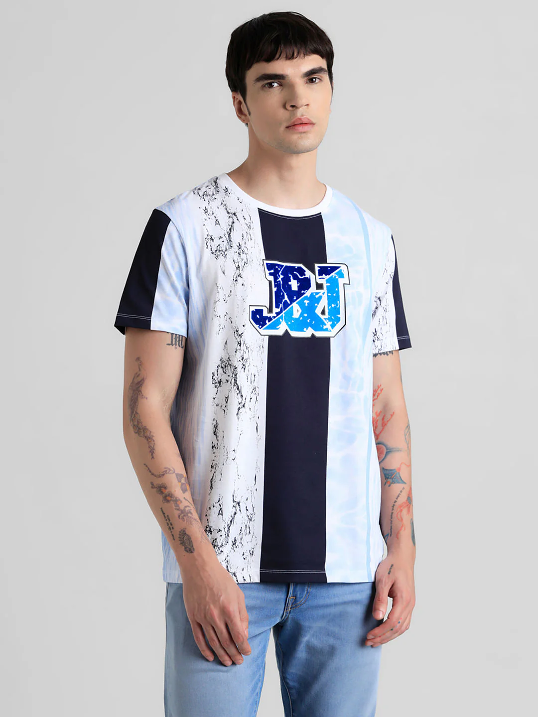 Blue Colourblocked Crew Neck T-shirt - Image 2
